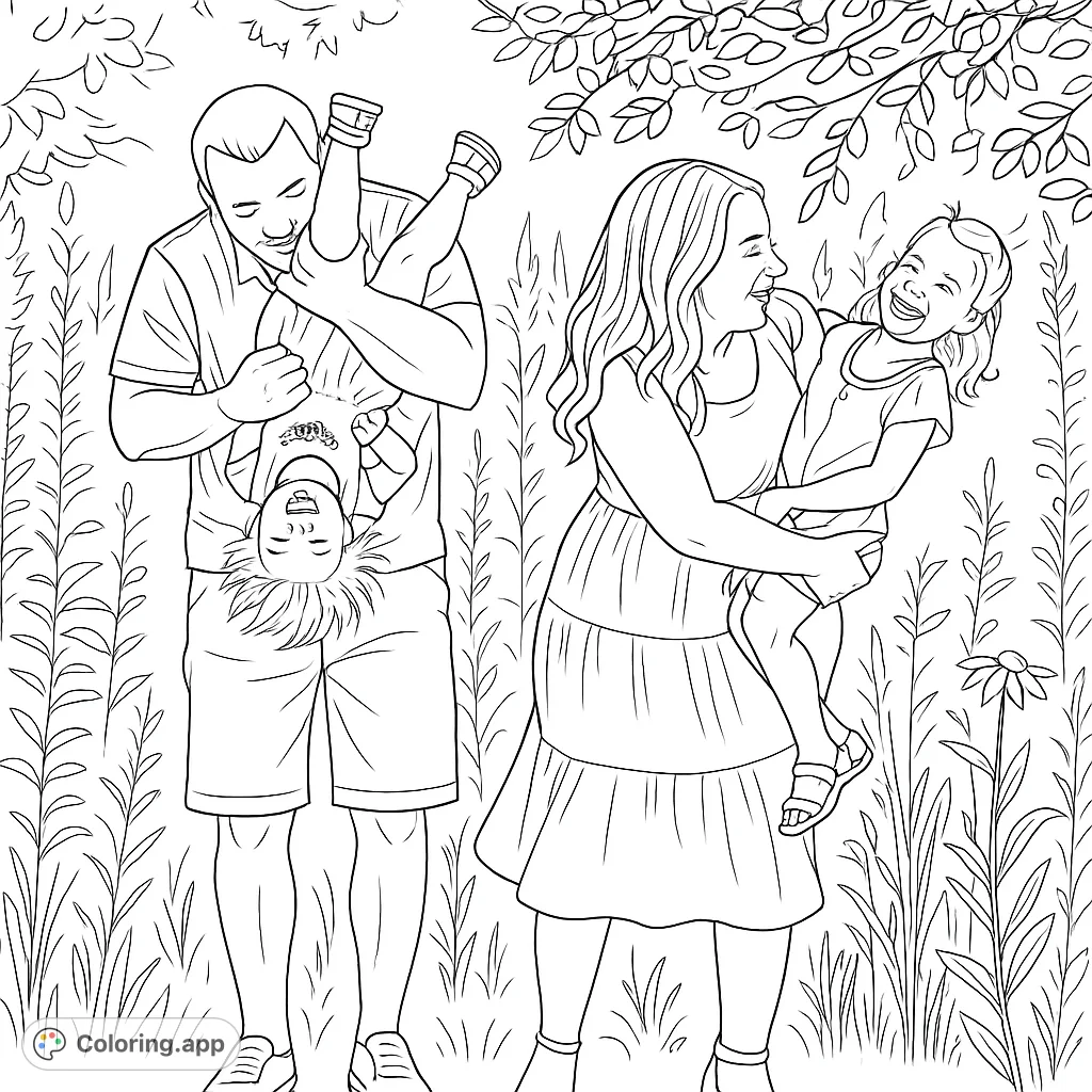A heartwarming family scene with parents playing with their two children in a sunny field, full of laughter and joy. Perfect for a family coloring page.