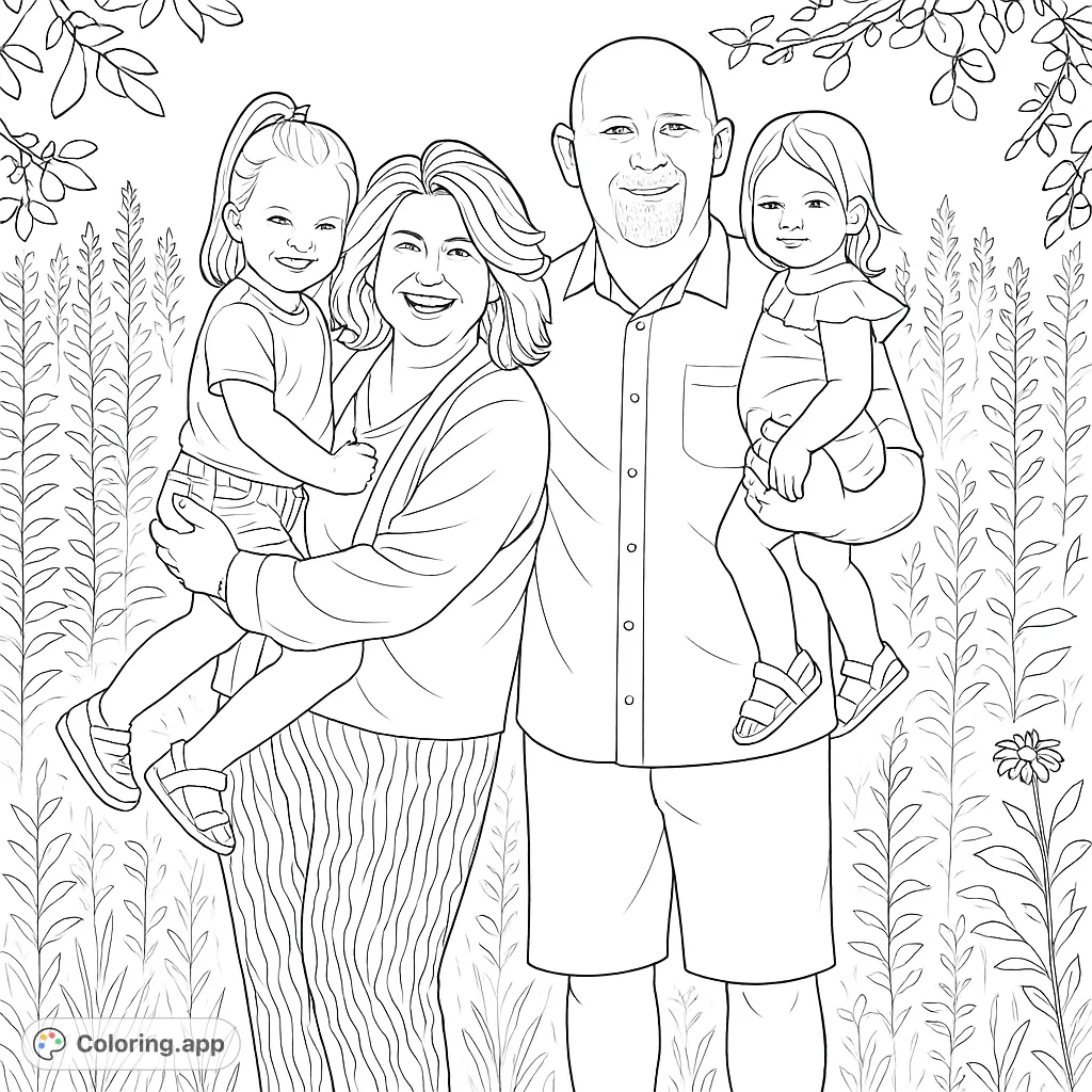 Capture the warmth of a family portrait in a lush outdoor setting. This free printable family coloring page features two adults and two happy children.