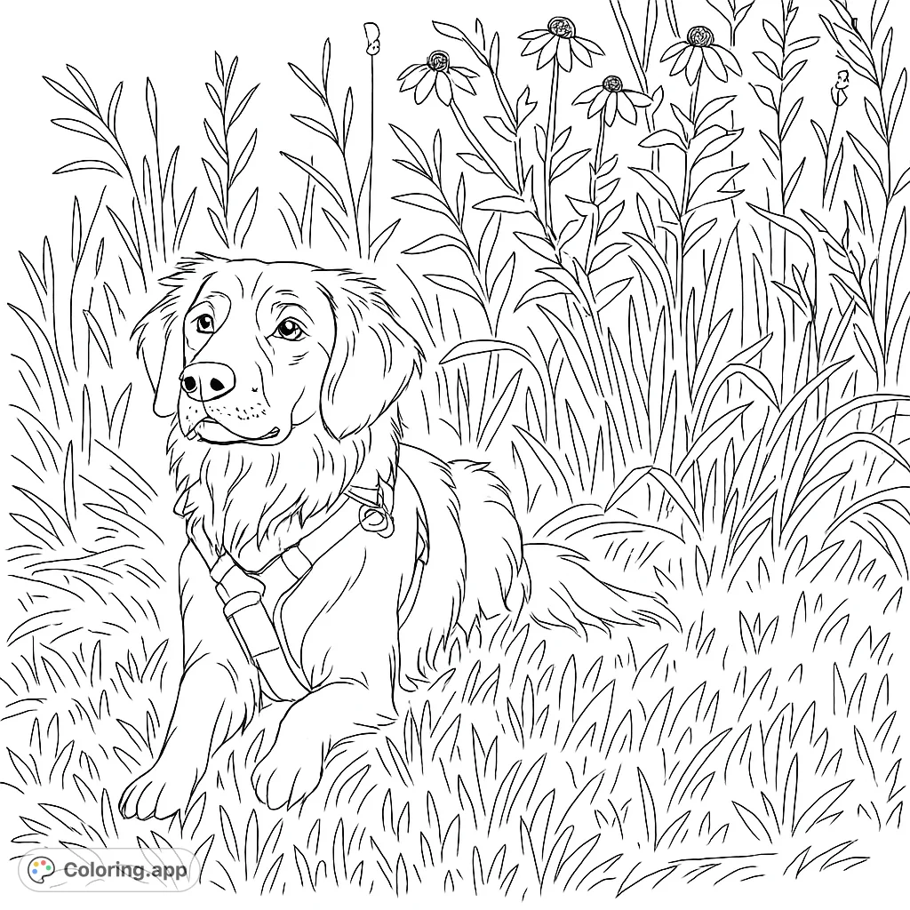 A charming retriever lies serenely in a field of tall grass, adorned with a harness and tag, inviting relaxation and creative coloring. A perfect dog coloring page.
