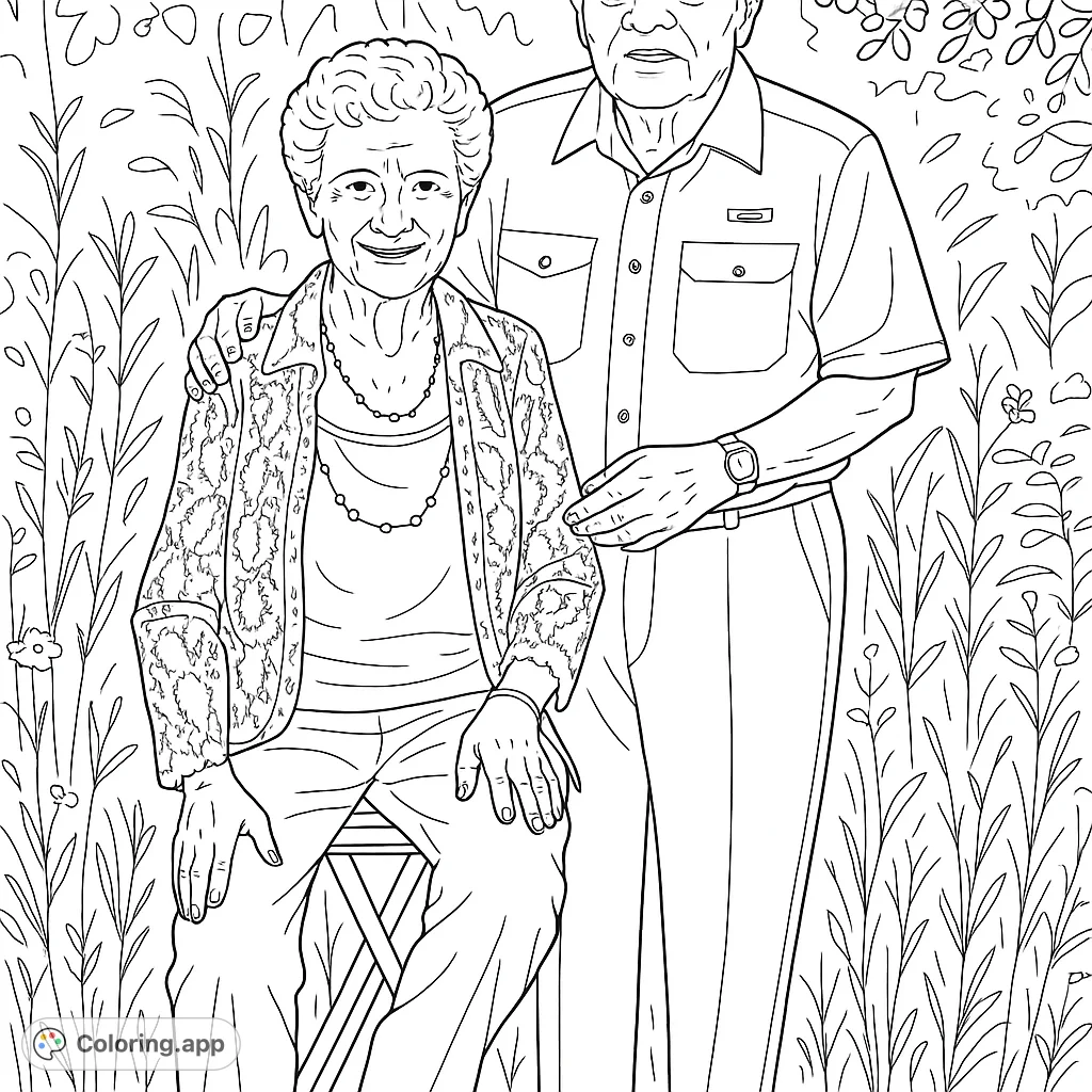 Capture the warmth of a loving elderly couple amidst a beautiful wildflower field. A heartwarming scene perfect for celebrating enduring affection and nature's beauty.