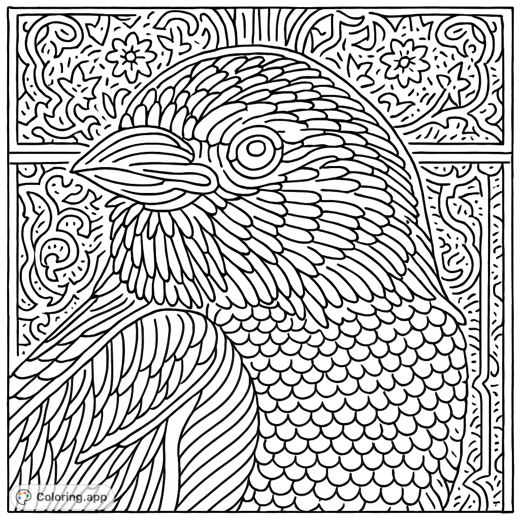 Color a beautifully detailed bird with intricate feather patterns set against a rich, symmetrical floral and geometric background. A challenging and rewarding design.