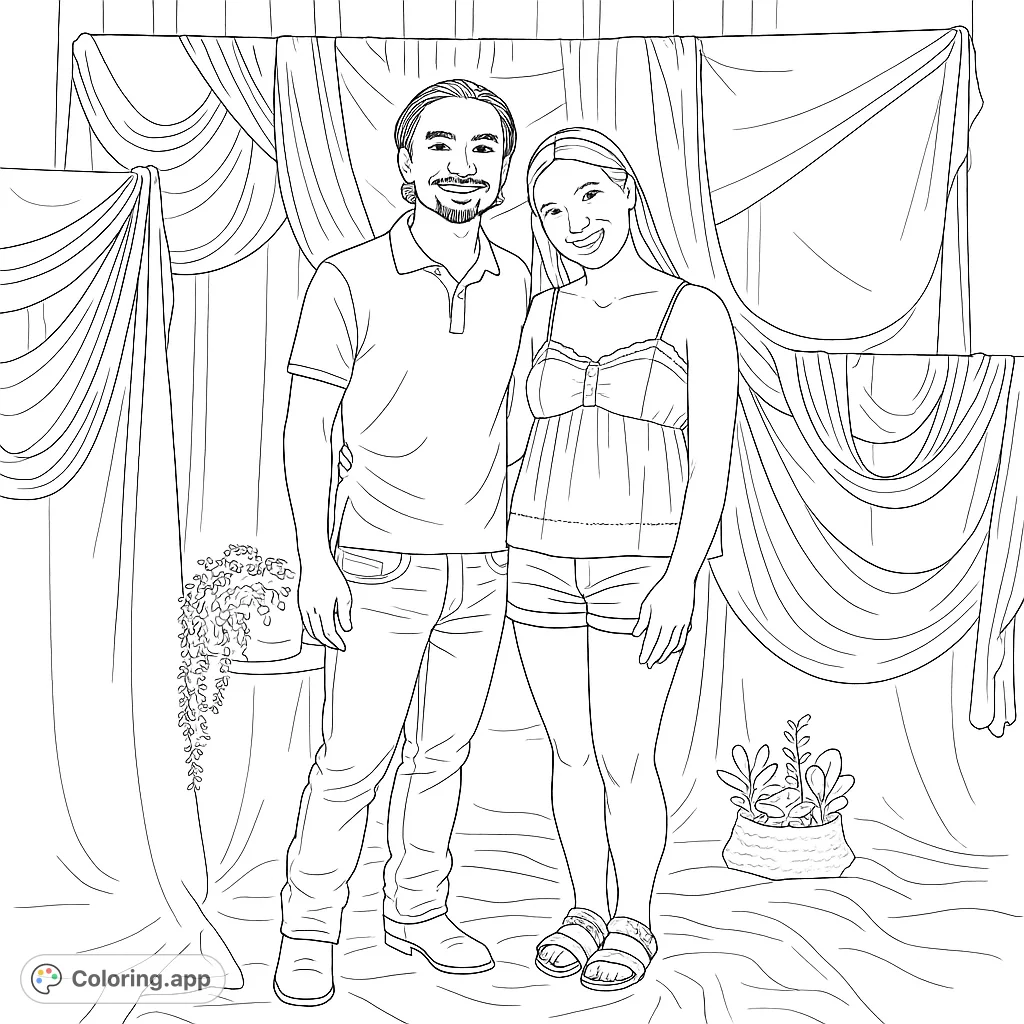 Capture a joyful moment with this smiling couple portrait coloring page. Features a man and woman against a draped backdrop with plants, perfect for personalizing.