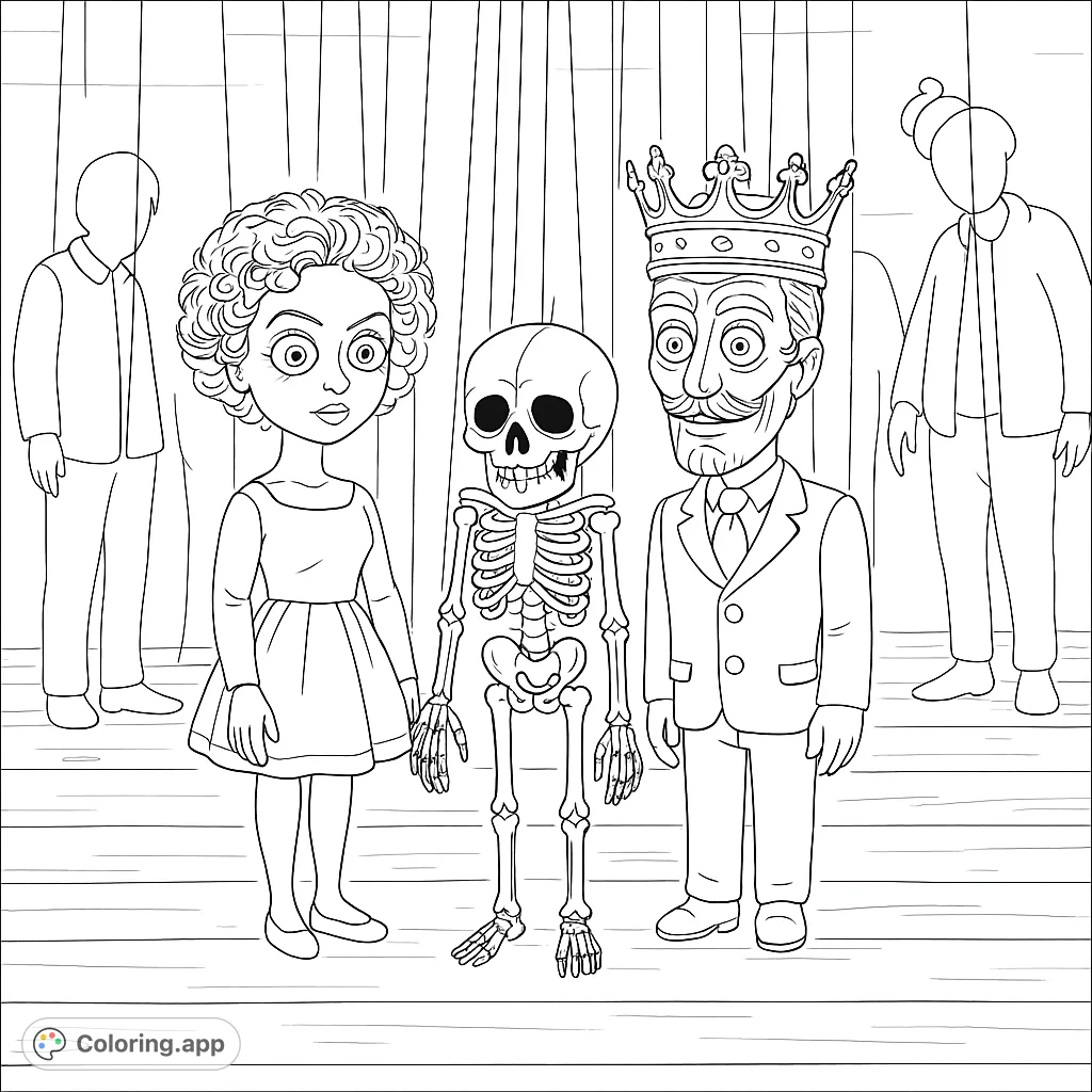 An eerie marionette trio takes center stage, featuring a woman, a skeleton, and a crowned man, all suspended by strings in a mysterious, hazy setting.