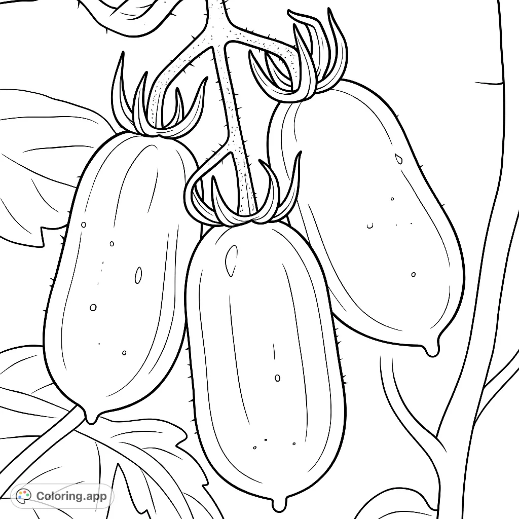 Discover a delightful garden harvest coloring page featuring three elongated fruits with intricate details and water droplets, perfect for all ages.