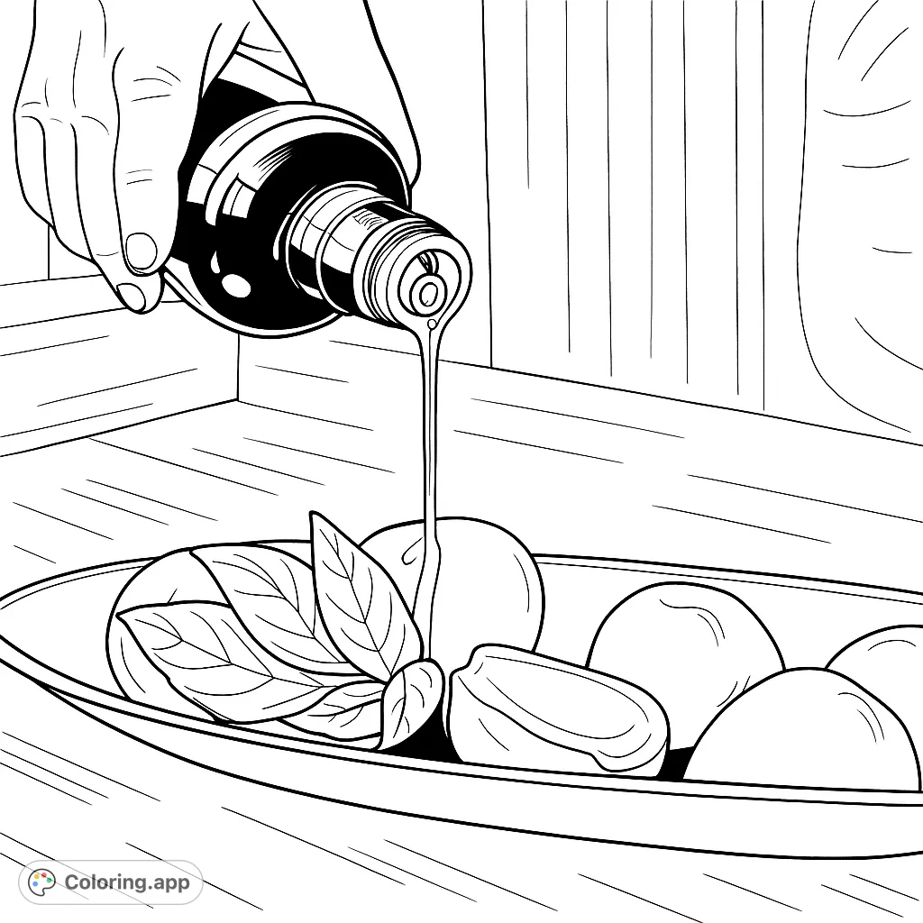 A hand drizzles liquid from a bottle onto fresh cheese and fragrant basil leaves arranged on a rustic plate. Perfect for foodies and culinary enthusiasts.