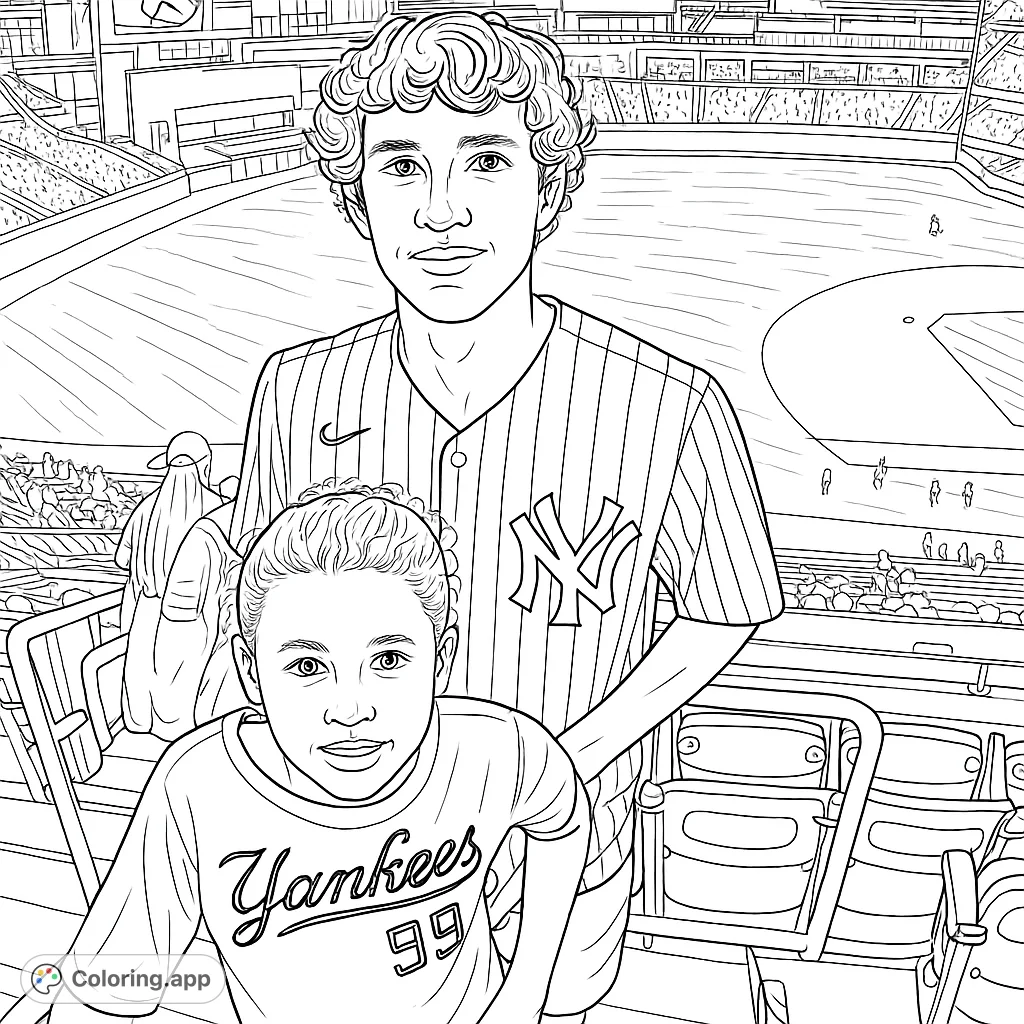 Capture the excitement of a baseball game with this coloring page featuring a young man and girl at the stadium, perfect for sports fans.