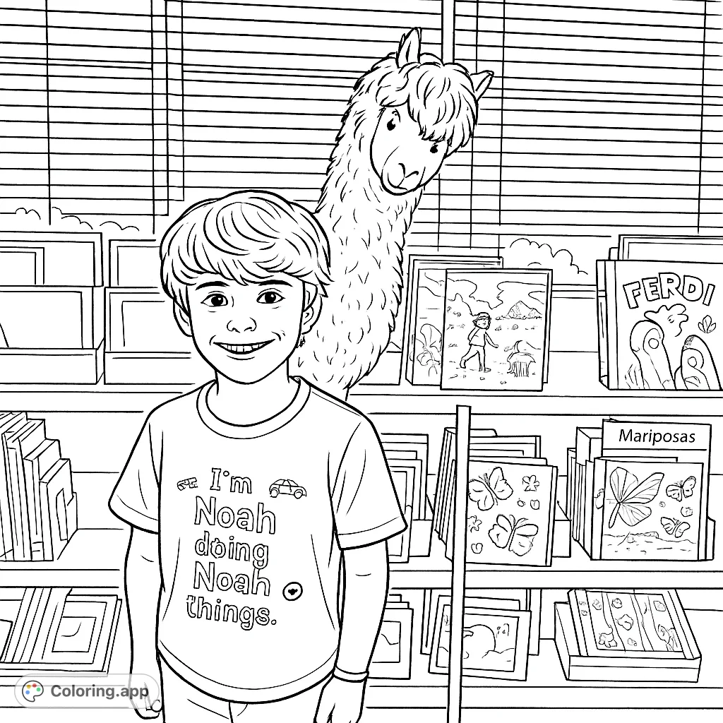 A cheerful boy stands with a friendly llama toy in a room filled with books, offering a delightful scene for a free printable coloring page.