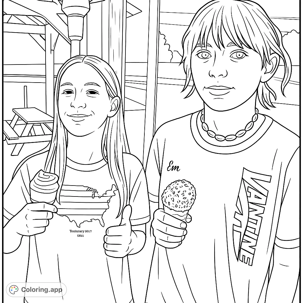 Two friends enjoying ice cream cones, one with a swirled topping, the other with sprinkles. A fun summer scene perfect for creative coloring.