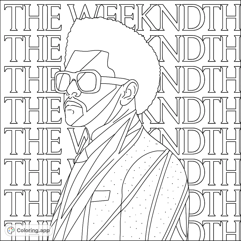 Color a striking pop star portrait featuring a figure in sunglasses and a textured jacket, set against a repeating text background with dynamic lines.