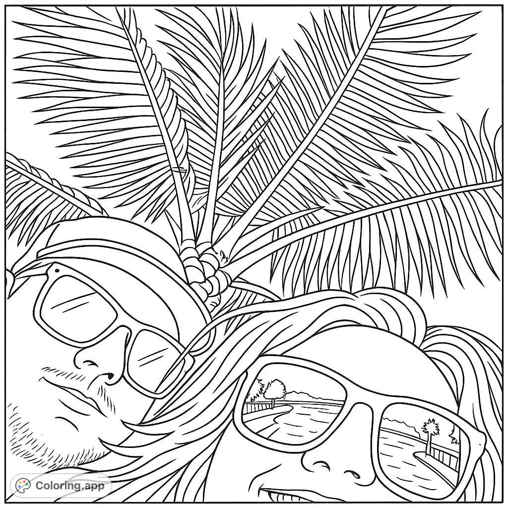 Capture a sunny tropical moment with two smiling faces and a majestic palm tree. Reflective sunglasses reveal a distant beach scene, perfect for a relaxing coloring escape.