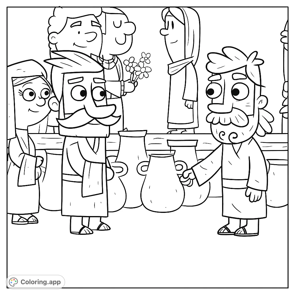 Explore an ancient gathering scene featuring cartoon-style figures, large vessels, and a central figure. Perfect for a biblical coloring page adventure!