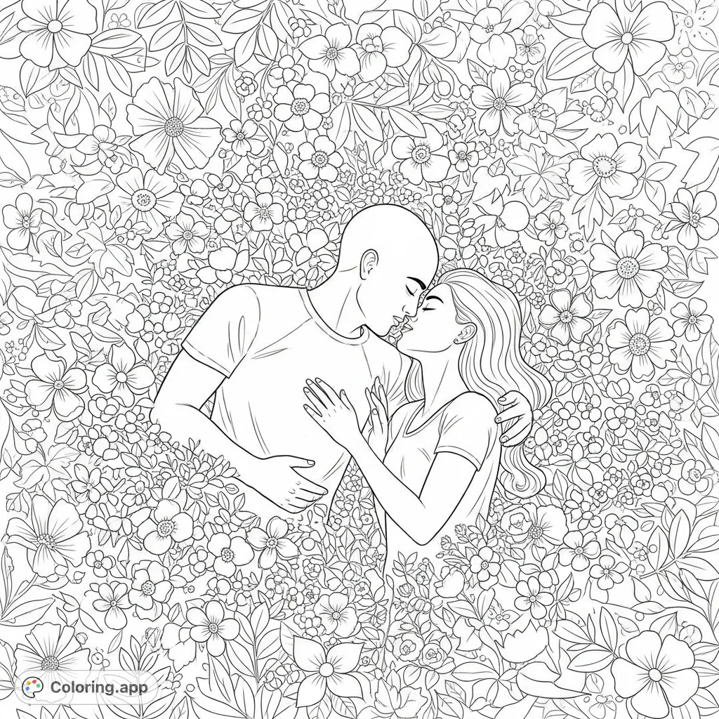 An intimate bird's eye view of a bald man and woman sharing a tender kiss amidst a sprawling field of diverse blossoms, perfect for a romantic coloring page.