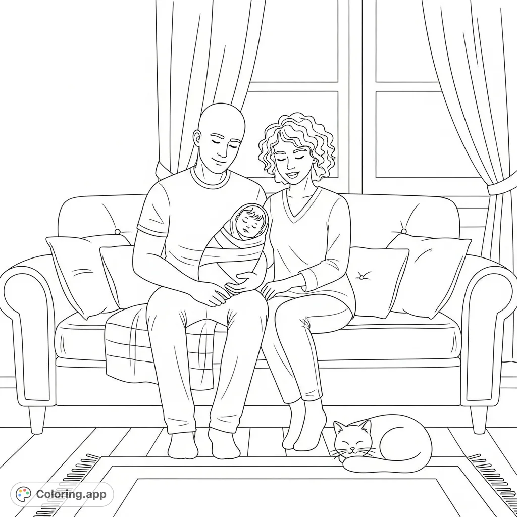Capture a heartwarming family moment in a cozy living room. A bald man, curly-haired woman, infant, and cat share a couch, perfect for coloring.