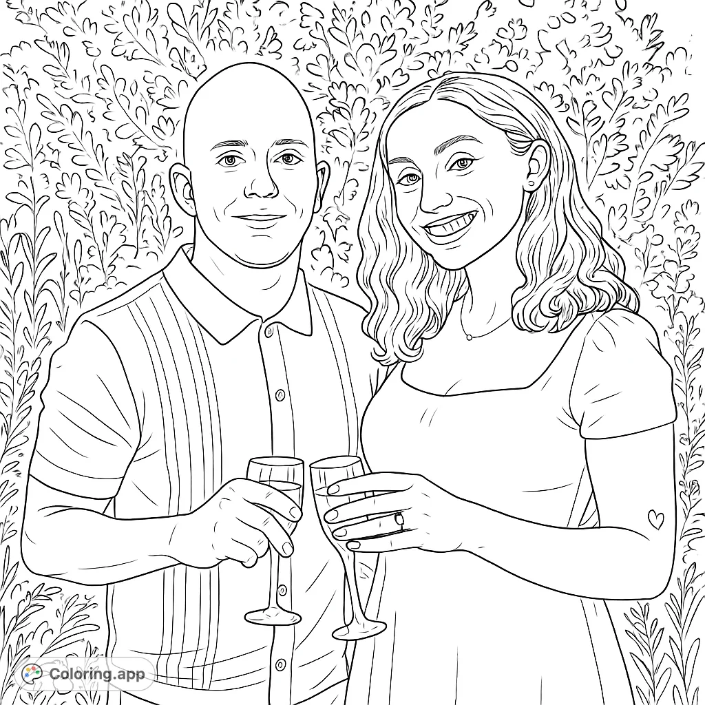Celebrate love with this joyful couple raising a toast in a serene outdoor setting. Perfect for personalizing with your favorite colors and adding a touch of romance.