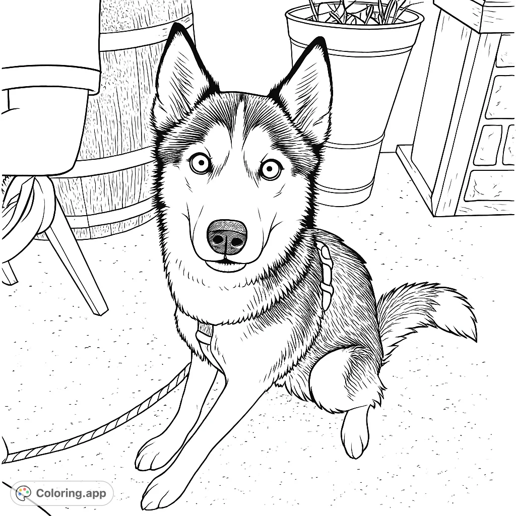 An adorable husky dog sits patiently, looking directly at you. This charming husky coloring page features a detailed canine portrait with a simple background.