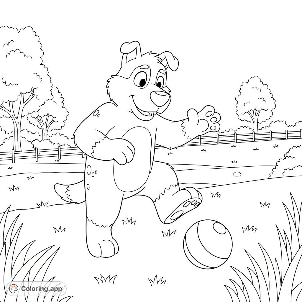 Join Bluey for outdoor fun! This free printable Bluey coloring page features the beloved character playing with a ball in a cheerful, open setting.