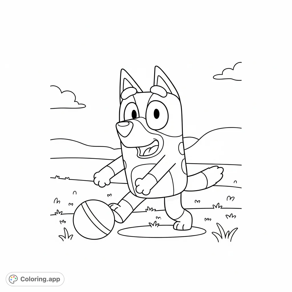 Join Bluey, the beloved TV dog, for a fun outdoor adventure! This free printable Bluey coloring page features her playing with a ball in a lively scene.