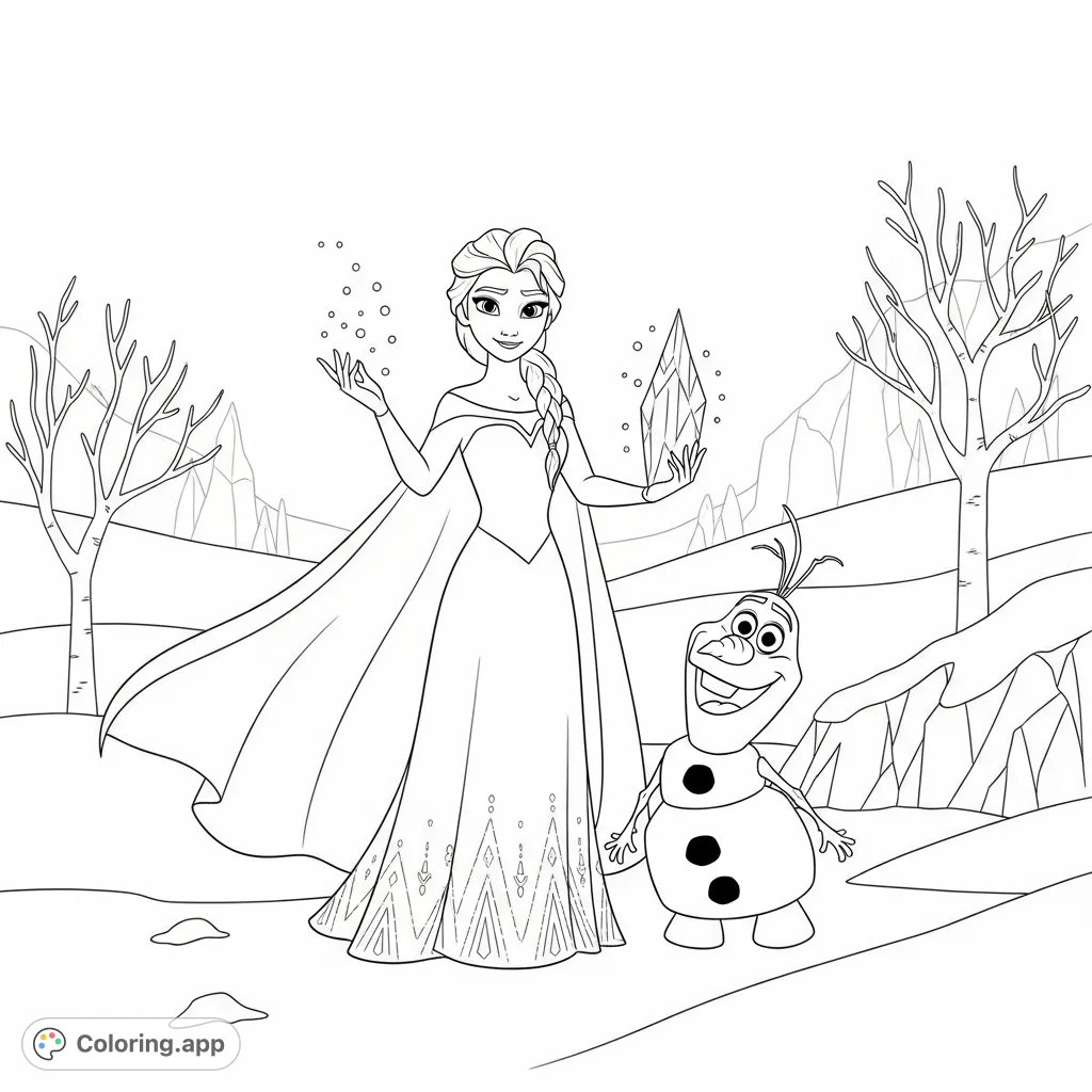 A delightful Frozen coloring page featuring Elsa and Olaf enjoying a whimsical day in a snow-covered landscape, perfect for fans of all ages.
