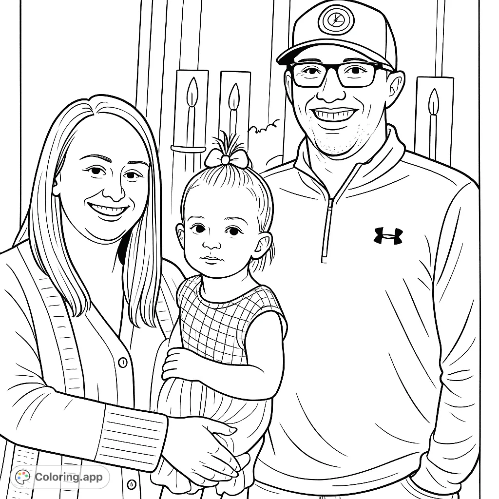 Capture the joy of family with this heartwarming coloring page featuring a smiling trio: a woman, a man, and a toddler. Perfect for all ages.