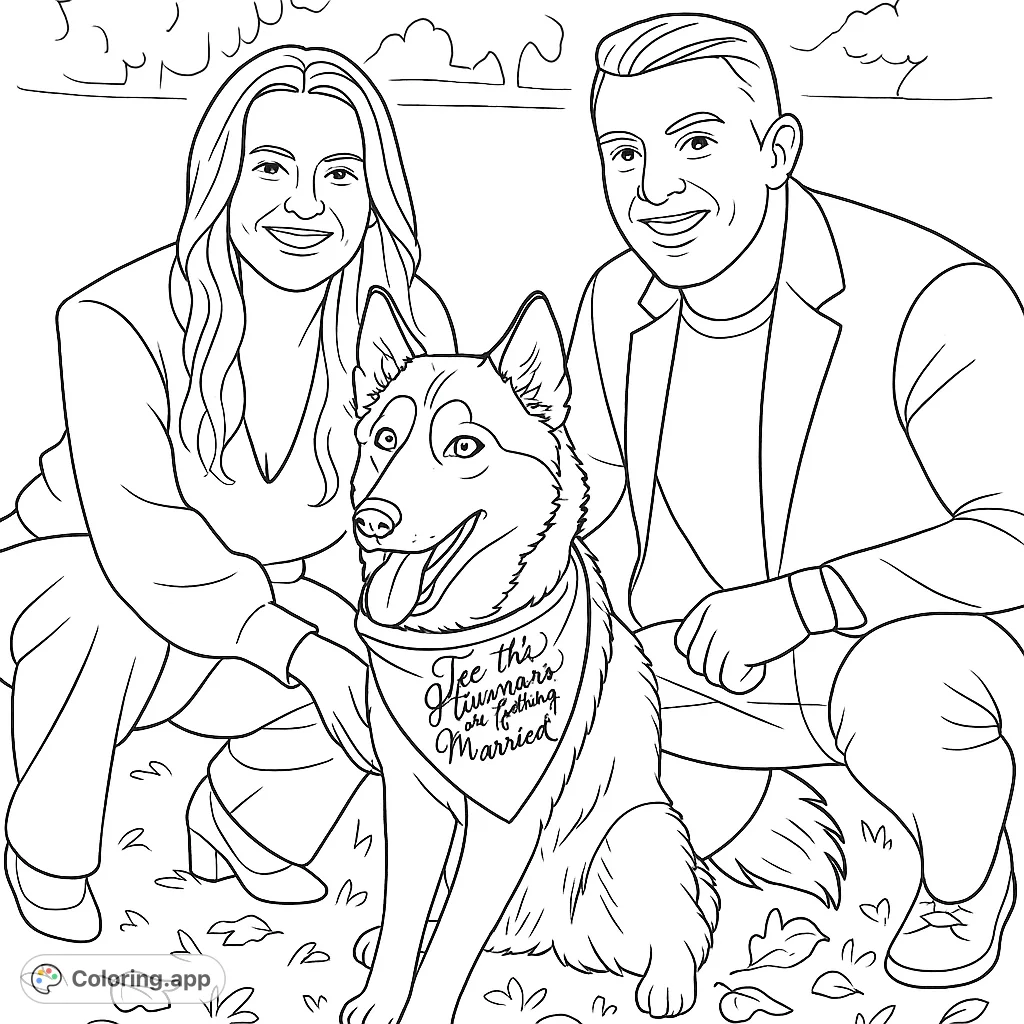 Celebrate love with this heartwarming coloring page featuring a happy couple and their adorable Husky dog, perfect for engagement or pet lovers.