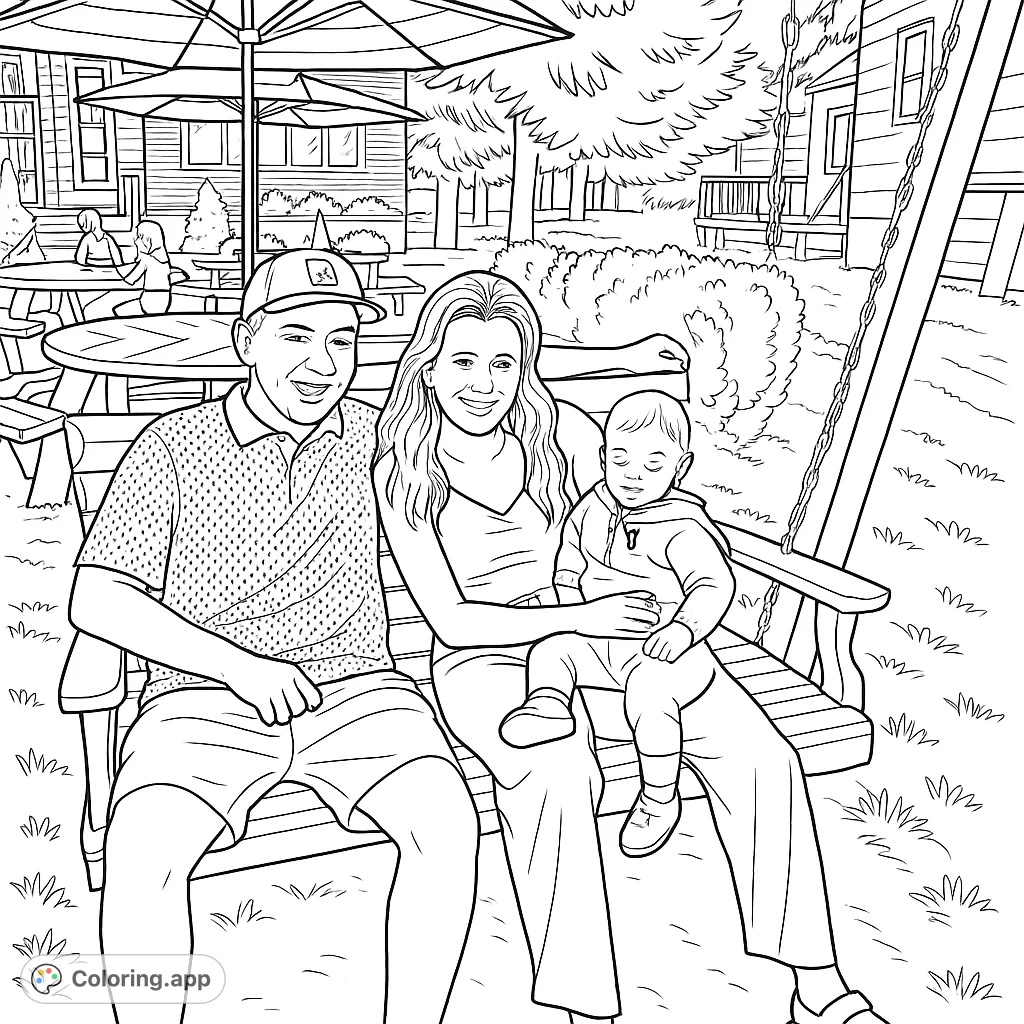 Capture a heartwarming family moment on a swing. This delightful coloring page features a man, woman, and baby, perfect for celebrating family bonds and outdoor fun.