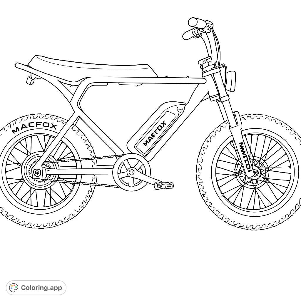 Detailed electric bike coloring page, perfect for enthusiasts. Features a robust frame, thick tires, and intricate mechanical elements for a fun challenge.