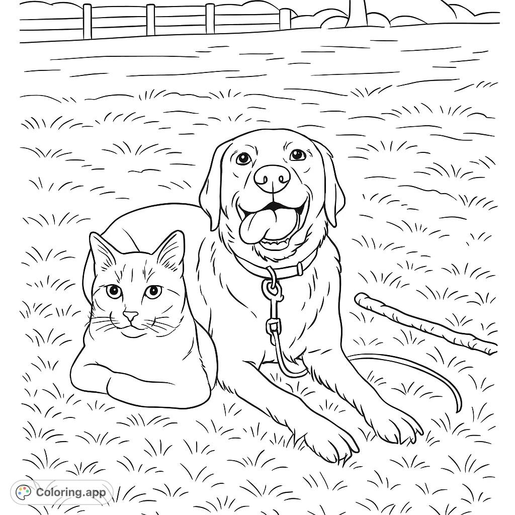 A heartwarming scene featuring a playful dog and a calm cat resting together on a grassy lawn. Perfect for animal lovers!