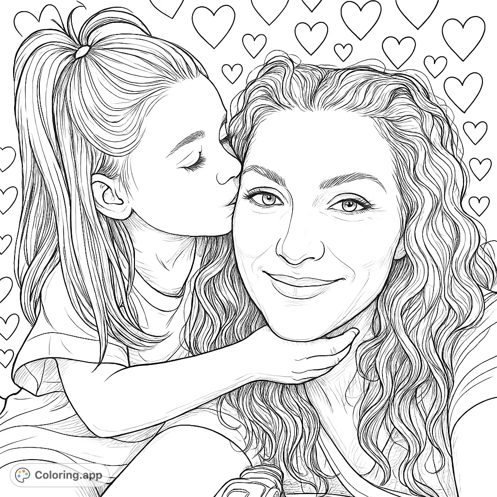 A heartwarming scene of a child kissing an adult, surrounded by decorative heart patterns, perfect for a free printable family coloring page.