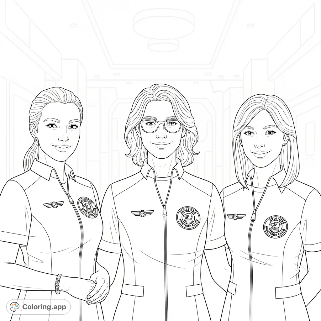 A realistic coloring page featuring three individuals in collared tops with emblems, standing in an indoor hallway with a grid background.