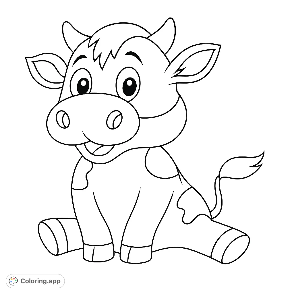 A charming cartoon calf sits happily, ready for a splash of imagination. Perfect for young artists to bring to life with their favorite colors.