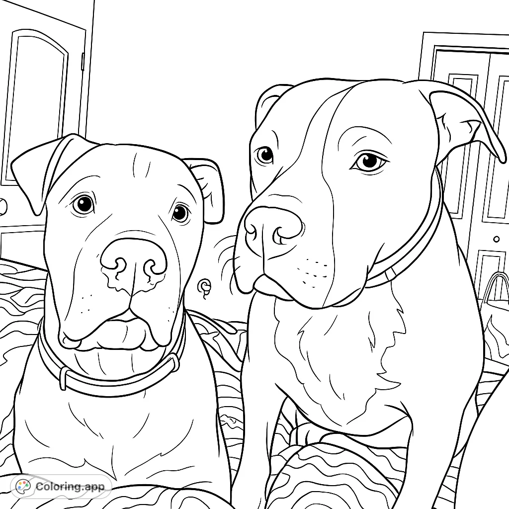 A heartwarming coloring page featuring two friendly dogs in a close-up portrait. Perfect for dog lovers to bring to life with their favorite shades.