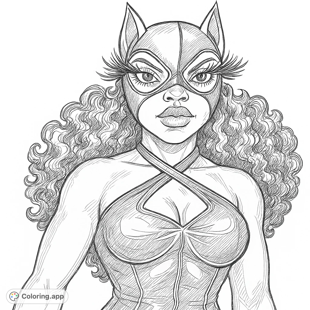 Unleash your creativity with this superheroine coloring page, featuring a fierce character in a cat-eared mask and intricate curly hair. Perfect for detailed coloring!