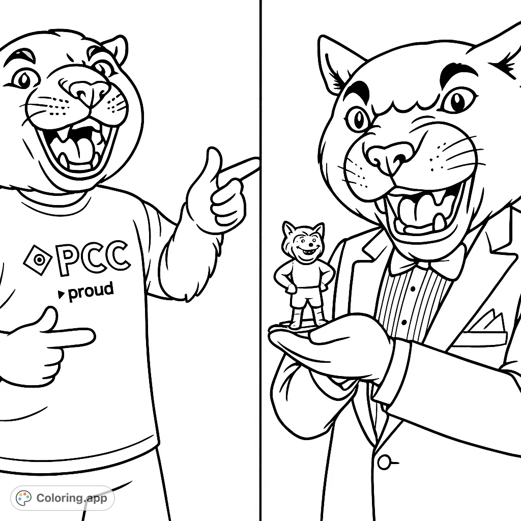 Two dynamic panther mascots, one casual against a brick wall, the other formal holding a figurine against a curtain. Fun for all ages!