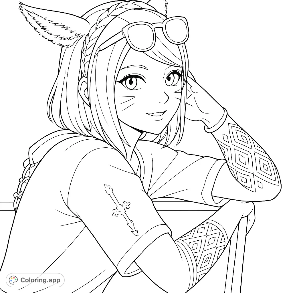 An anime-inspired character with charming animal ears and stylish sunglasses, leaning casually. Perfect for detailed coloring and creative expression.