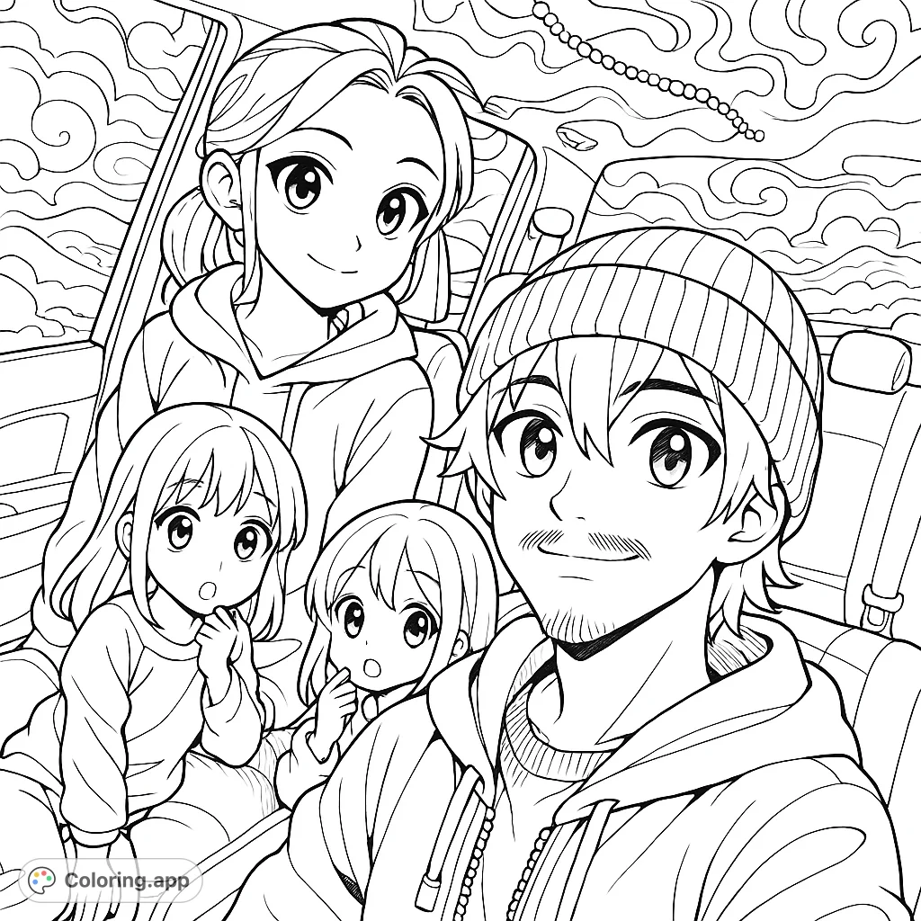 Embark on a whimsical family road trip with this anime-inspired coloring page. Featuring a family in a car with a dreamlike touch, perfect for all ages.