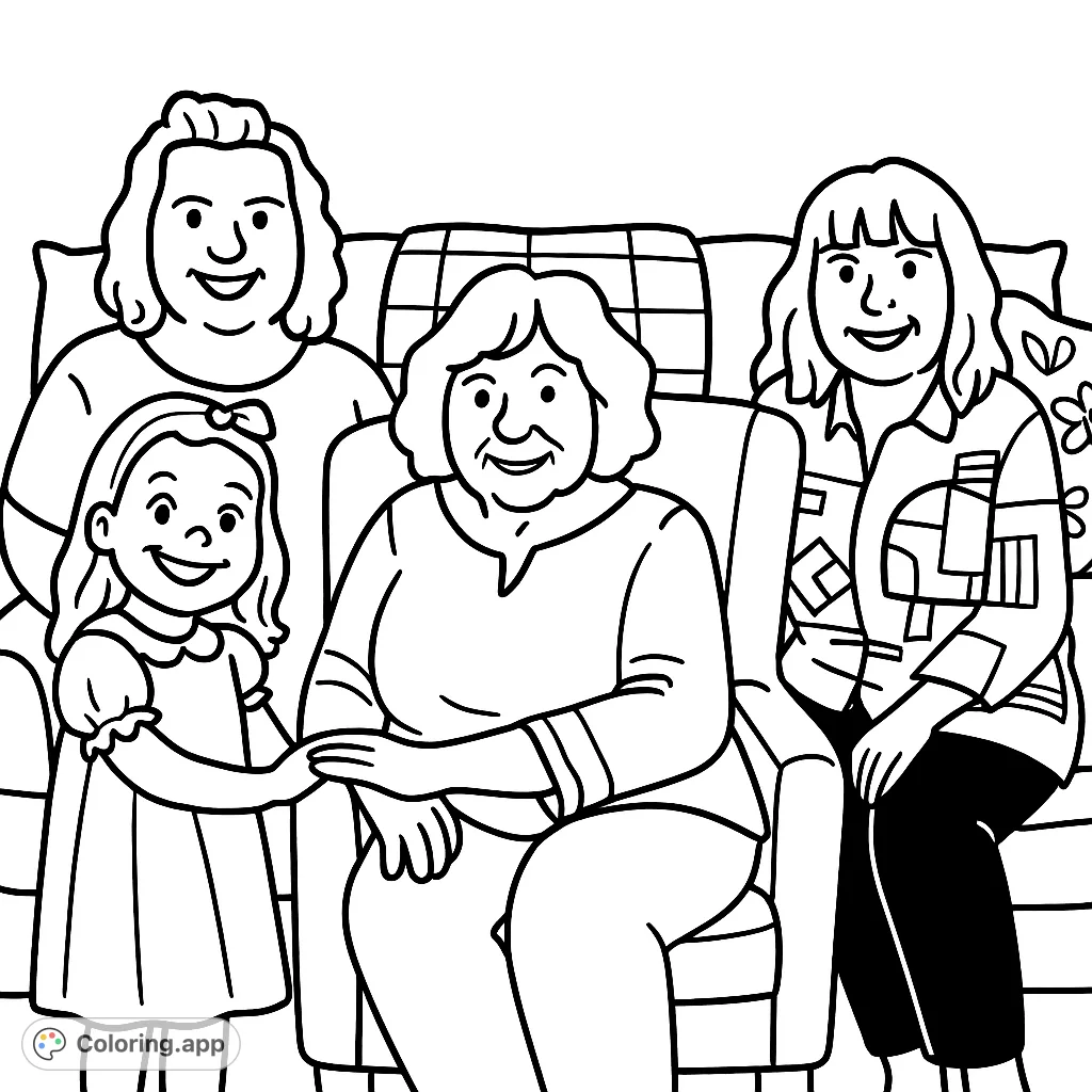 Celebrate family bonds with this heartwarming four generations coloring page. Features a young girl, mother, grandmother, and great-grandmother together.