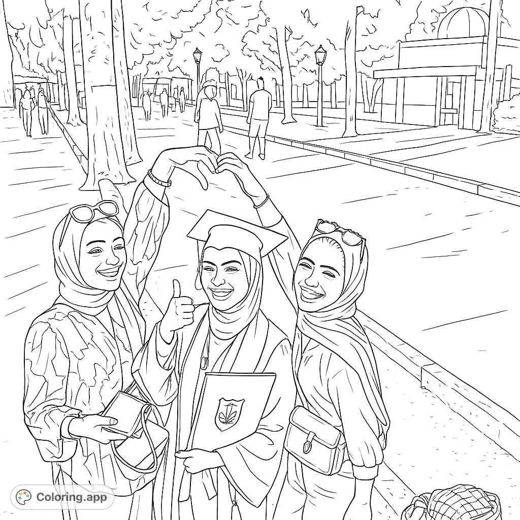 Celebrate achievement with this graduation coloring page! Three friends pose happily, one in cap and gown, capturing a joyful moment of success and friendship.