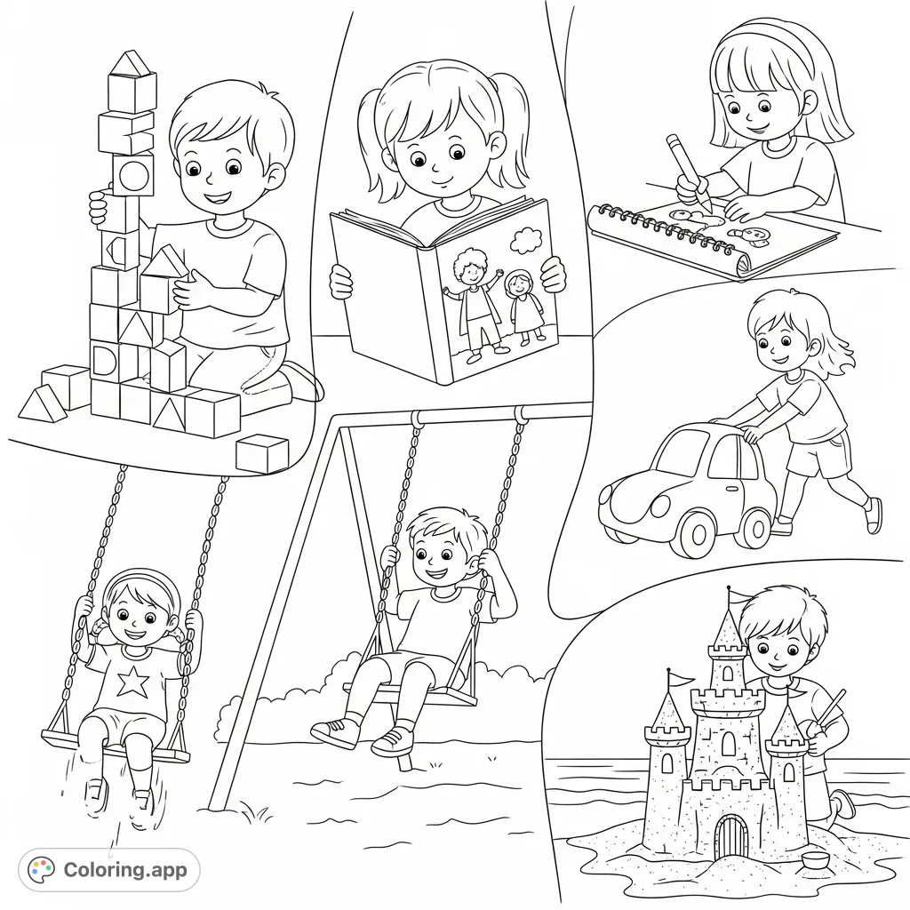 Explore a delightful collage of children enjoying various leisure activities, from building blocks to reading and playing outdoors. Perfect for young imaginations!
