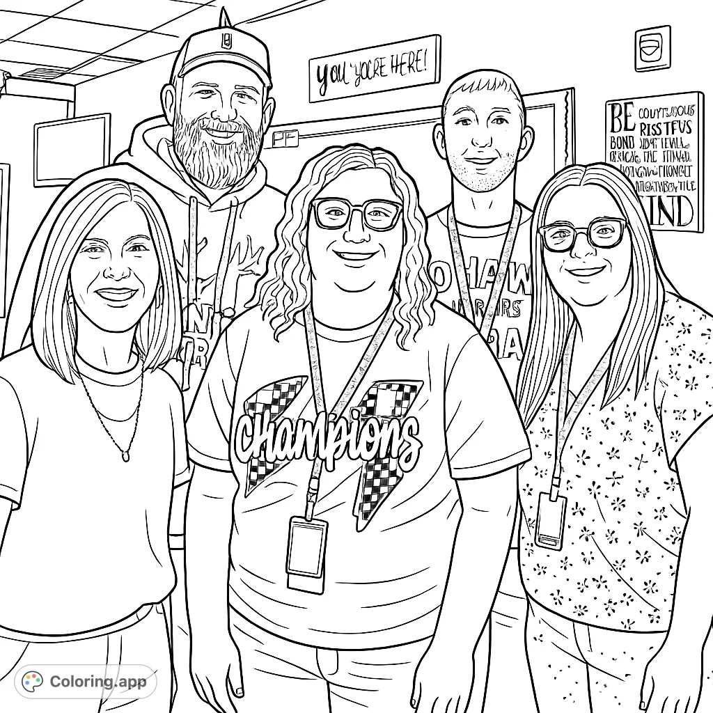 Capture the joy of community with this happy group portrait coloring page. Five smiling individuals await your creative touch, set against a detailed background.