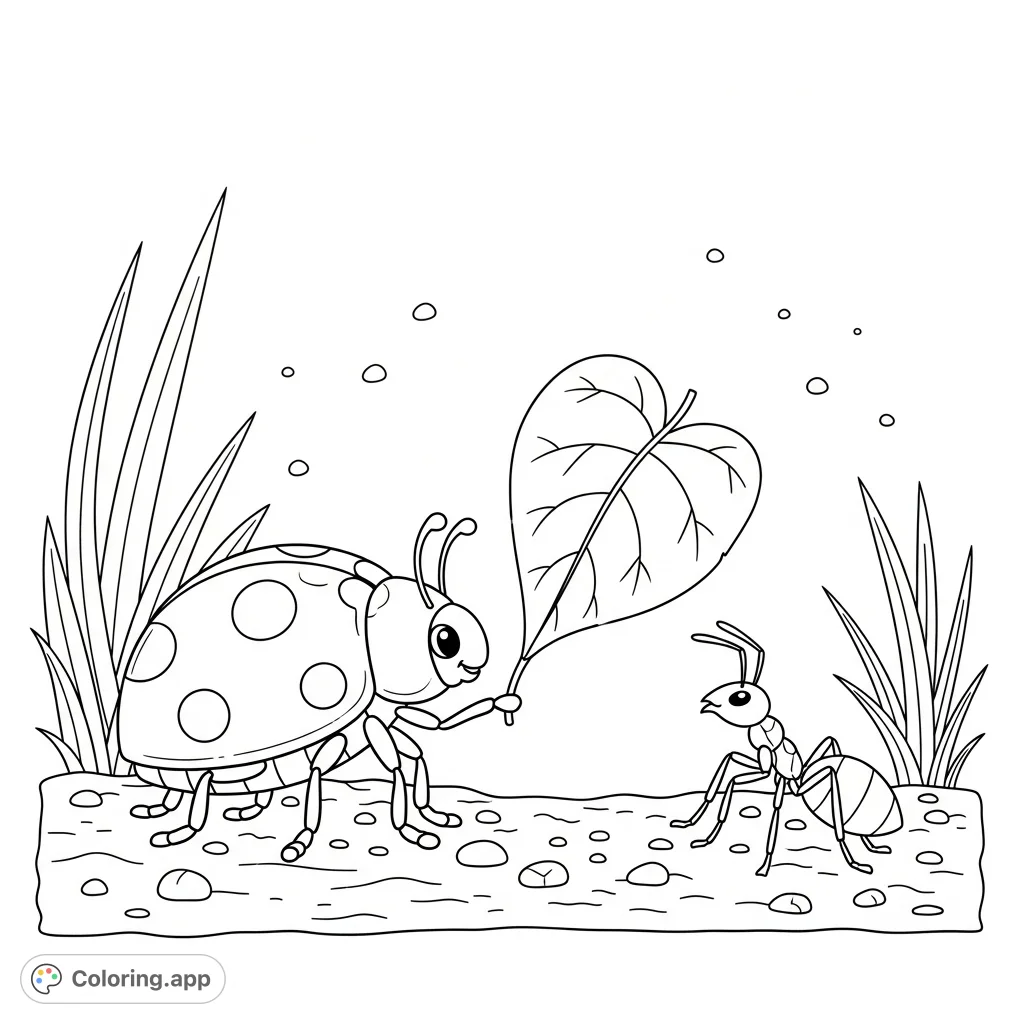 A charming scene of a friendly ladybug presenting a heart-shaped leaf to a grateful ant, set amidst a whimsical garden. Perfect for a delightful coloring experience.