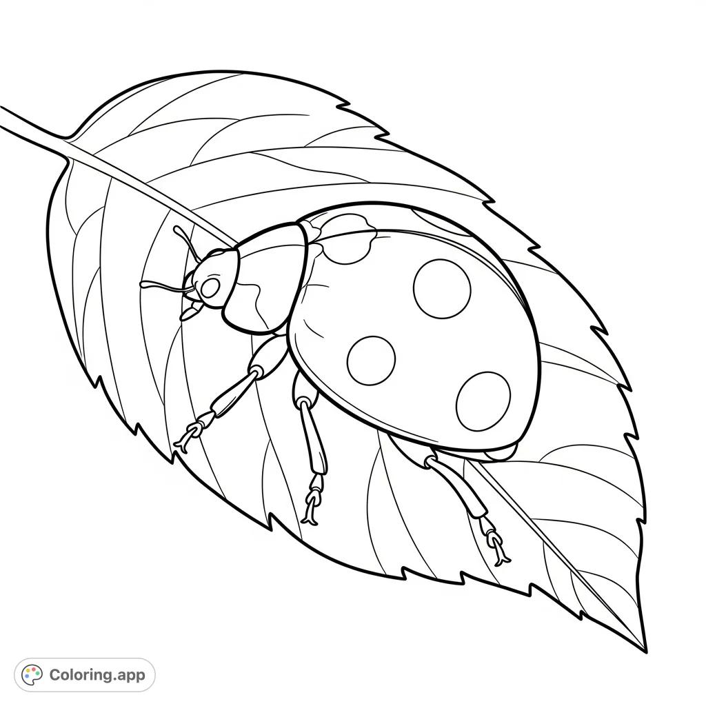 A charming loyal ladybug with distinctive spots, perched gently on a detailed leaf, ready for a burst of creative colors. A delightful nature scene.
