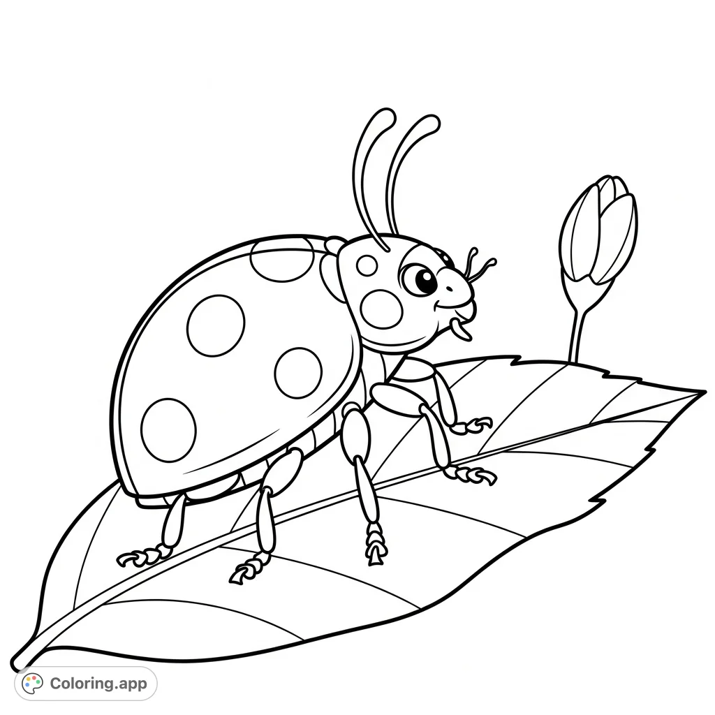 A charming ladybug stands loyally on a textured leaf, its round body and delicate antennae detailed for a delightful coloring experience.