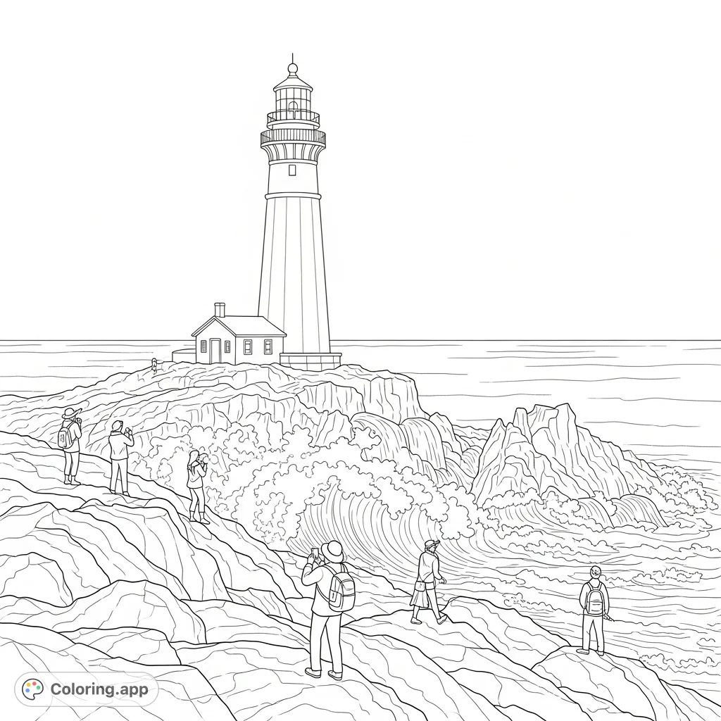 Color a detailed Peggy's Cove lighthouse scene with crashing waves, rugged rocks, and tourists. A free printable Nova Scotia landmark coloring page.
