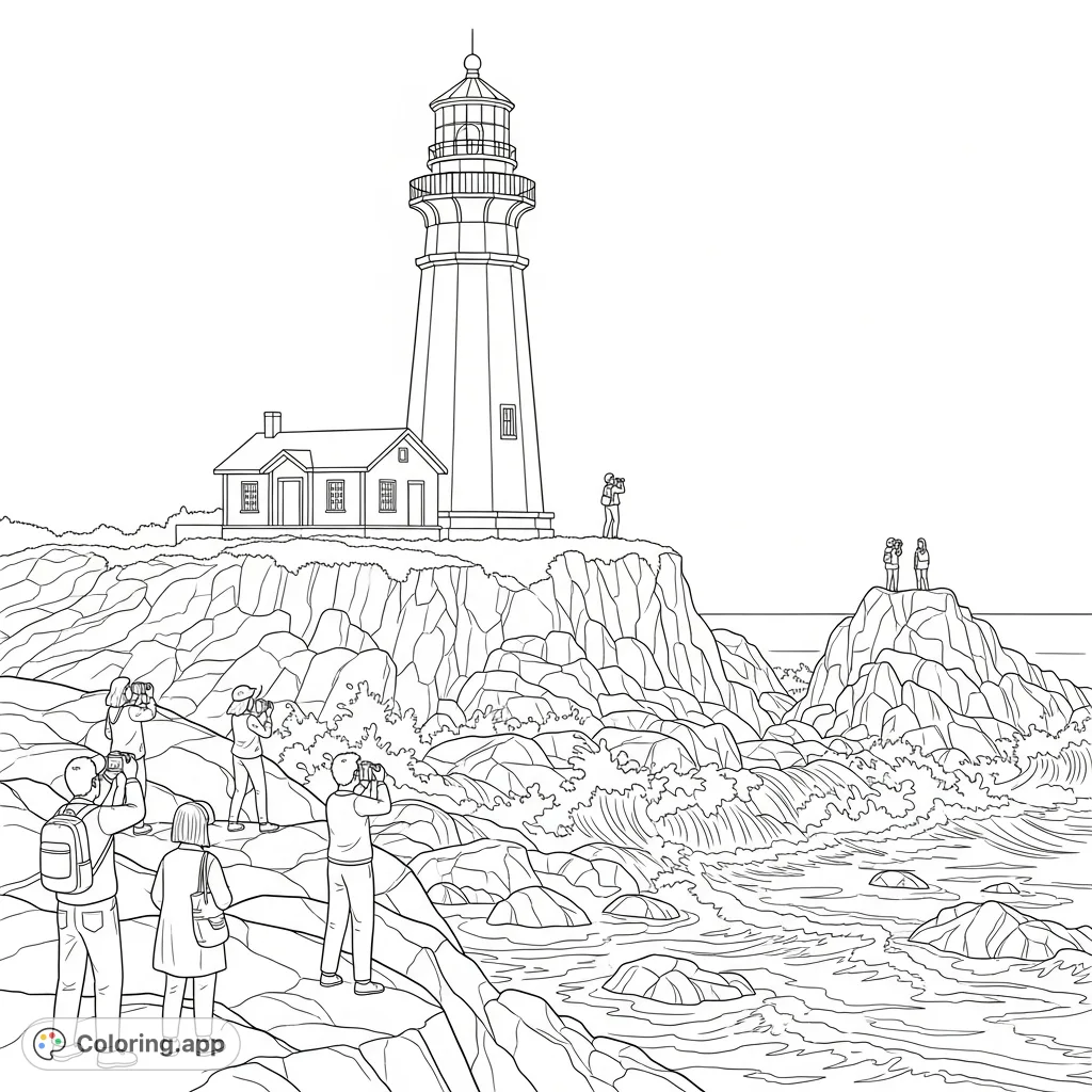 Explore Peggy's Cove Lighthouse, a majestic landmark on a rugged coast with crashing waves and tourists capturing its beauty. A free printable coloring page.