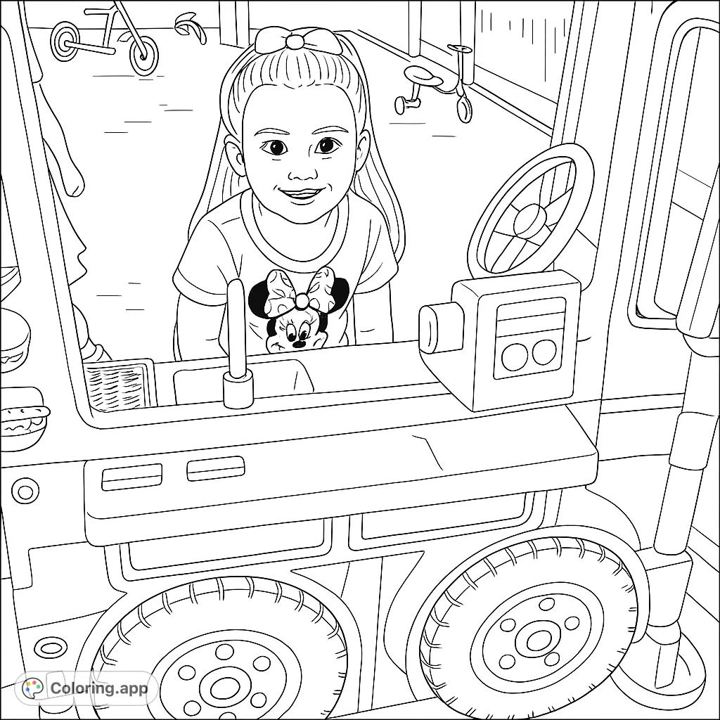 A cheerful girl in a fun play food truck, ready for imaginative adventures. Perfect for kids who love pretend play and creative coloring.