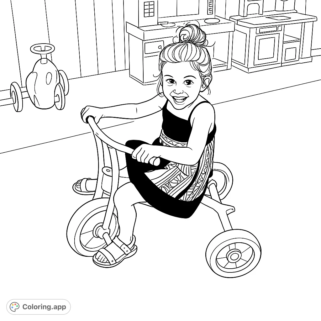 A joyful girl on her ride-on toy in a playful outdoor setting. Perfect for kids to color and imagine their own adventures.