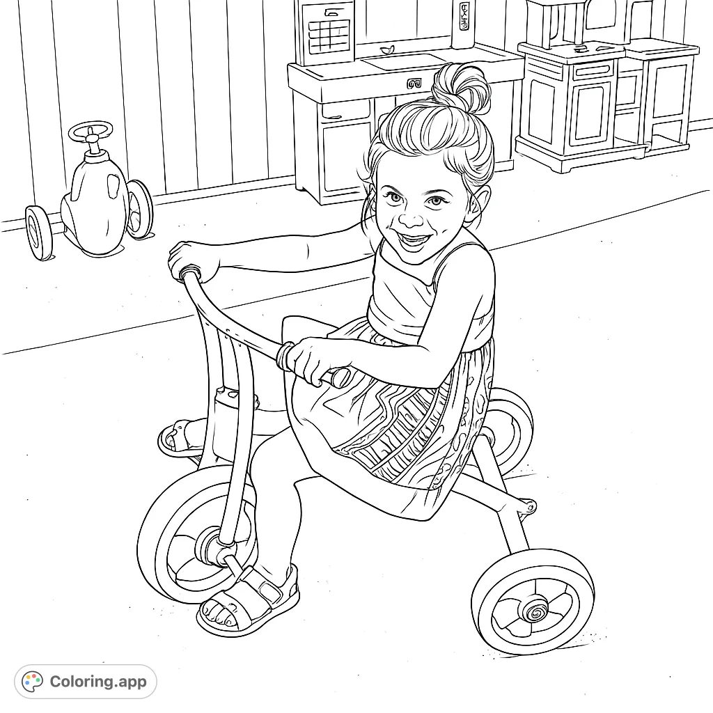 A joyful girl on her ride-on toy, smiling brightly in an outdoor play area. Perfect for a fun playtime coloring page adventure!
