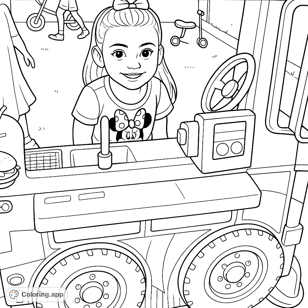 A cheerful girl in a fun play food truck, ready for imaginative adventures. Perfect for kids who love pretend play and creative coloring.