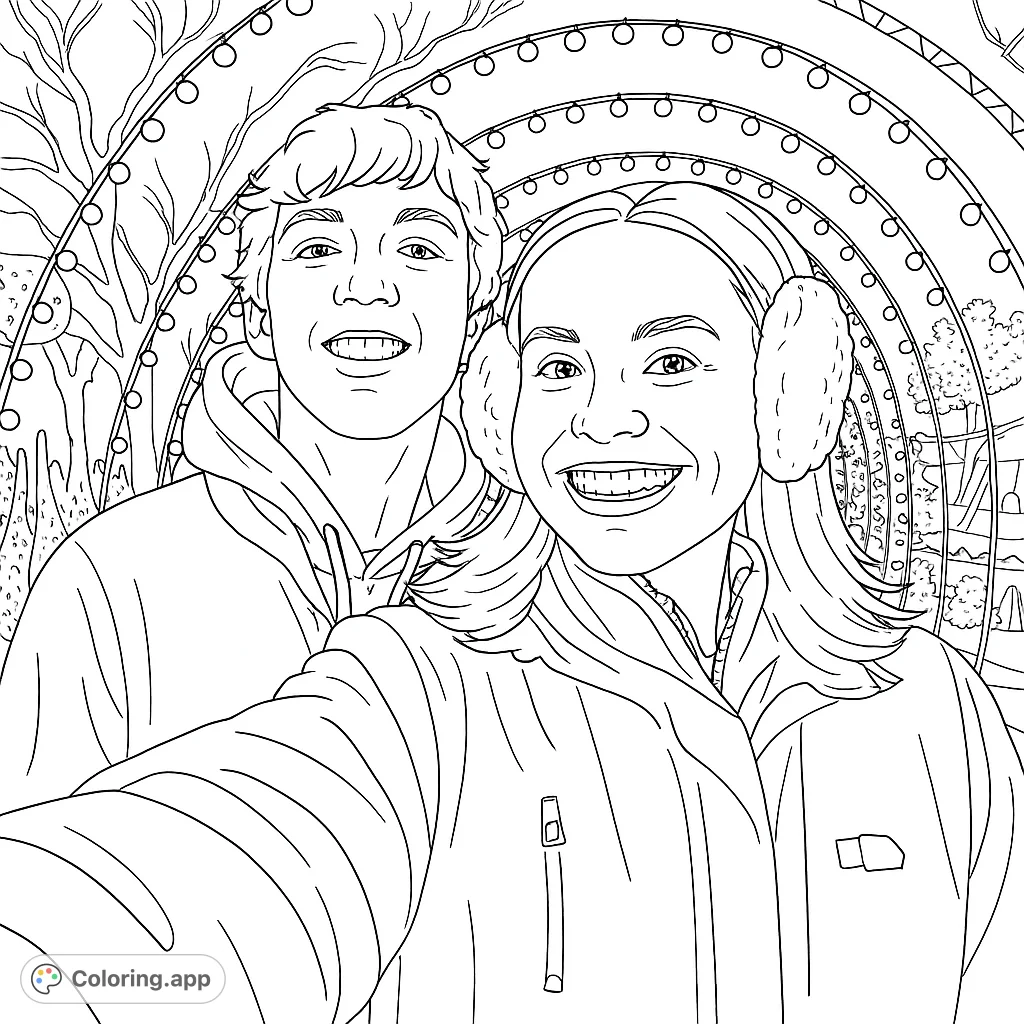 Capture the joy of two smiling individuals in a dazzling light tunnel, surrounded by festive illuminations. A perfect holiday coloring page.
