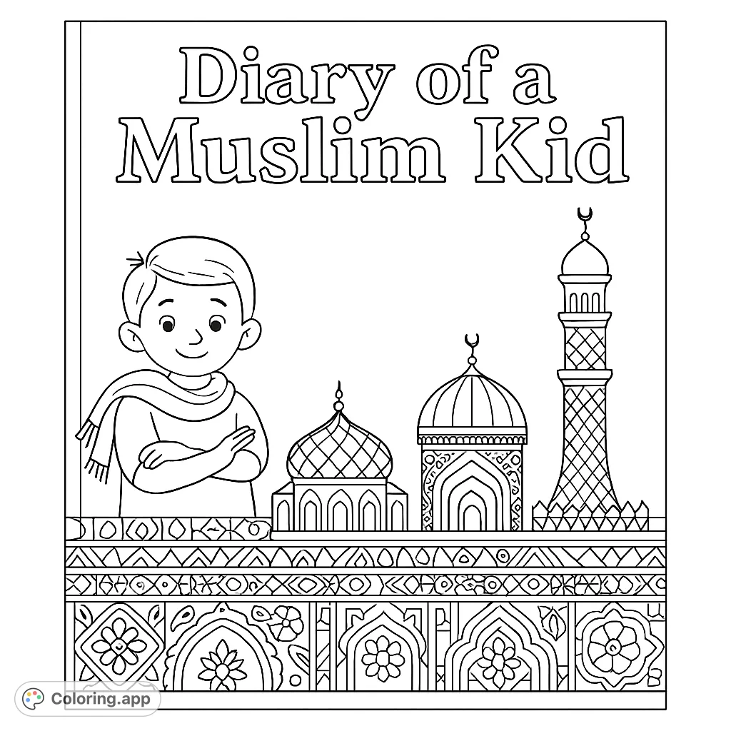 A cheerful boy stands before a backdrop of beautifully patterned Islamic architecture, featuring domes, minarets, and intricate designs, perfect for creative coloring.